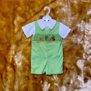 Toddler Boy Smocked Fall Green Shortalls &Shirt24M